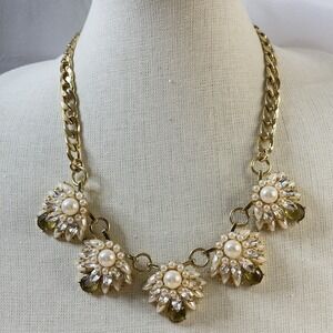 Vintage Talbots Chunky Statement Necklace with Rhinestone Flowers Gold Tone